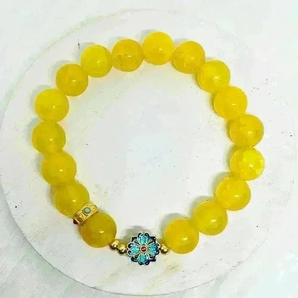 Yellow Agate Bracelet With a Blue Flower - Picture 1 of 8